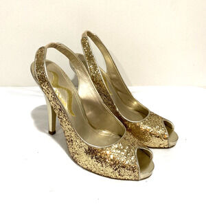 Nina dressy high heel shoes slingbacks gold glitter finish platforms US sz 7.5M